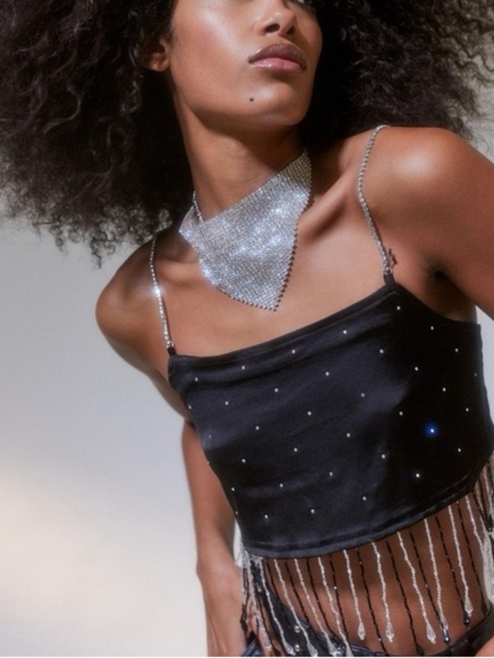 Urban Outfitters Black Rhinestone Fringe Cami Top